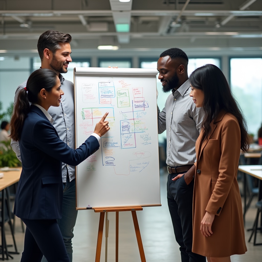 Echipă profesională colaborând la un plan de afaceri